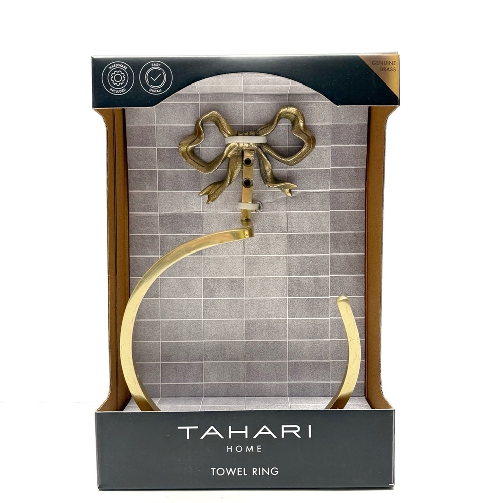 TAHARI Home Brass Ribbon Bow Bathroom Towel Ring Rack NEW